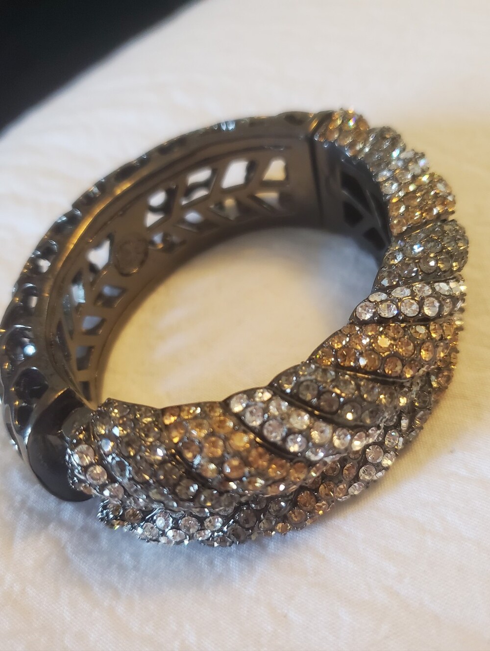 Hinge Bangle Bracelet With Two-tone Sparkling Rhinestones & Gunmetal Cutouts